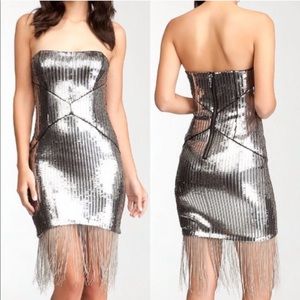 Bebe silver sequin strapless fringe party dress